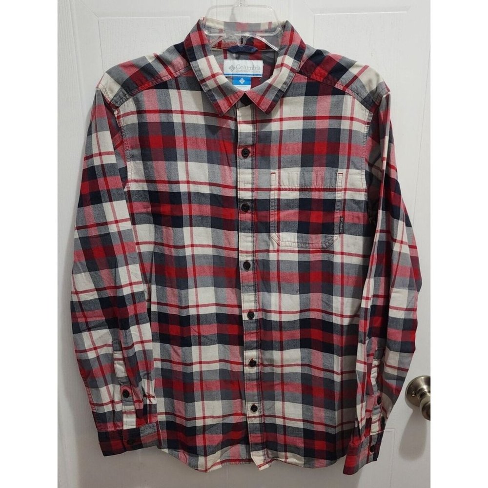 Columbia Red Plaid Lightweight Long Sleeve Button Up Shirt Mens Size M Cotton